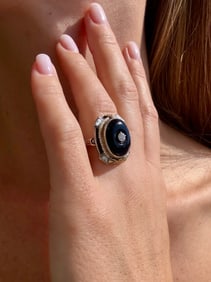 Art Deco 0.18ct Diamond, Black Onyx & Seed Pearls Ring, Two Tone 14k