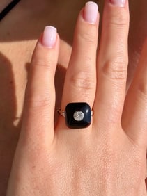 Art Deco Diamond & Black Onyx Ring, Two Tone 14k & Platinum