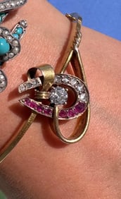 Ruby & Diamond Horseshoe Bangle Bracelet, Two Tone 14k
