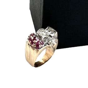VINTAGE 1.25ctw DIAMONDS & RUBIES 10K WHITE & YELLOW GOLD COCKTAIL ART DECO RING