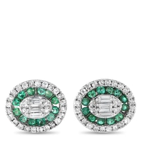 LB Exclusive 14K White Gold 0.40ct Diamond and Emerald Oval Halo Stud Earrings ER28920-W