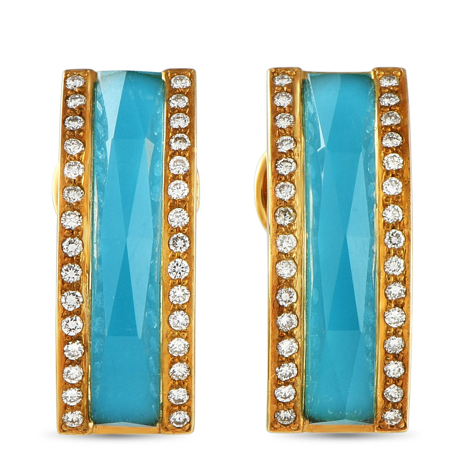 Stephen Webster 18K Yellow Gold 0.50ct Diamond and Shard Turquoise Earrings MF02-042225 SW02-042225: These impeccably crafted Stephen Webster earrings are bold and understated all at once. Turquoise stones are covered with facetted rock crystal at the center of the geometric design, and add an exciti