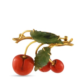 LB Exclusive Vintage 18K Yellow Gold Coral and Nephrite Cherry Brooch MF01-042225