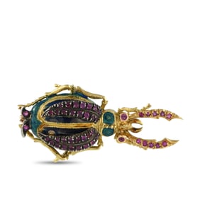 Son of Victor & Lidia Franconeri & Co. 18K Yellow Gold Ruby and Enamel Beetle Brooch SN21-100425