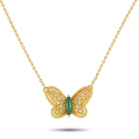 Van Cleef & Arpels Vintage 18K Yellow Gold 0.25ct Diamond and Chrysoprase Butterfly Necklace
