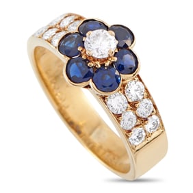 Van Cleef & Arpels Vintage 18K Yellow Gold 0.58ct Diamond and Blue Sapphire Fleurette Ring