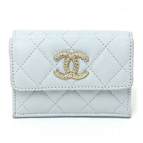 CHANEL Small Flap Coco Mark Matelasse Caviar Skin Tri-Fold Wallet Blue