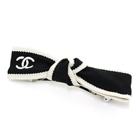 Chanel Bow Barrette Black & Ecru Silk Jacquard 24P Coco Mark Ribbon Hair