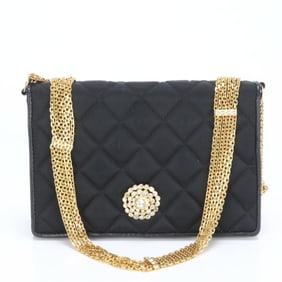 Chanel Matelasse Nylon Rhinestone Chain Shoulder Bag Black Gold Women's