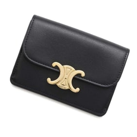 CELINE Business Card Holder/Card Case Triomphe Flap Holder Shiny Calf Leather 10I583 Black Wallet