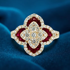 Diamond And Ruby Yellow Gold Flower Ring
