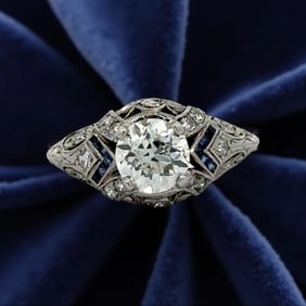 Art Deco 1.13 Ct Diamond And Sapphire Platinum Ring