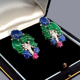 Tutti Frutti Style 34.00 Ctw Emerald, Ruby, Saphire, Diamond Earrings