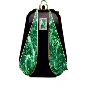 Vintage Diamond, Green And Black Enamel 18K Yellow Gold Compact