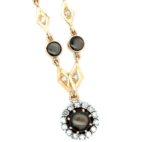 1890'S Black Star Sapphire, Diamond And 18K Yellow Gold Necklace