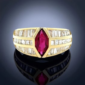 Fine Ruby, Diamond And 18K Yellow Gold Ring