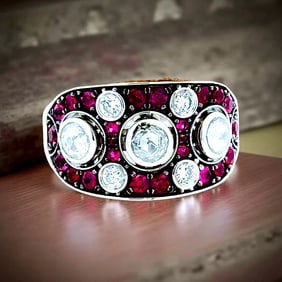 Rose Cut Diamond, Ruby, And 14K White Gold Ring