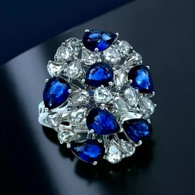 Diamond, Sapphire, And 18K White Gold Cluster Ring