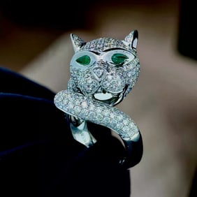 Panther, Diamond, Emerald And 18K White Gold Ring