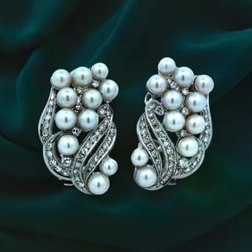 Retro 1940'S Cultured Pearl And Diamond 14K White Gold Cluster Earrings