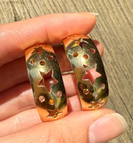 Vintage Wide 18K Gold Hoops with Cut-Out Stars