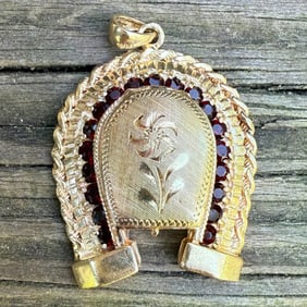Large Vintage Garnet and 14K Gold Horseshoe Locket Pendant