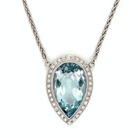 14K White Gold 10.00 Ct. Aquamarine & Diamond Necklace