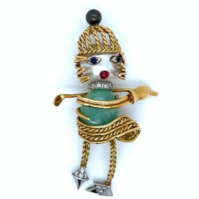 1960’s 18K Yellow Gold Mabe Pearl & Diamond Golfer Brooch