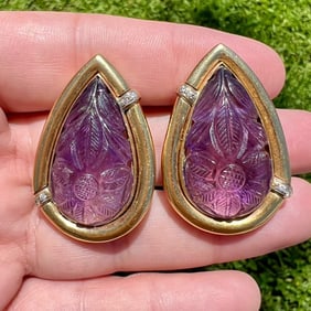 MING 18K Yellow Gold Carved Amethyst & Diamond Earrings