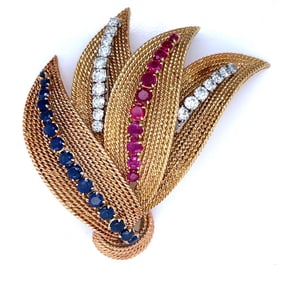 1950’s 18K Yellow Gold Burma Ruby, Sapphire, & Diamond Brooch