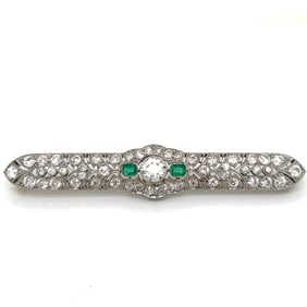 Art Deco Platinum Diamond & Emerald Brooch