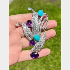 1960’s Platinum Diamond, Amethyst, & Turquoise Brooch
