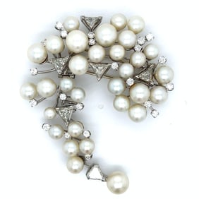 1960’s 18K White Gold & Palladium Cultured Pearl and Diamond Brooch