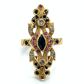 1960’s 18K Yellow Gold Diamond, Ruby, and Sapphire Ring