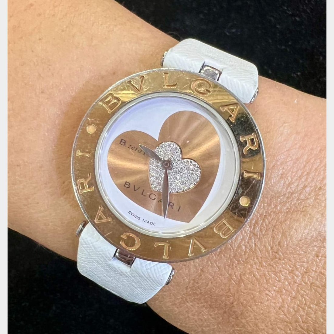 BVLGARI 18K & Stainless Steel B-Zero Double Heart Watch: BVLGARI 18K & Stainless Steel B-Zero Double Heart WatchOriginal diamonds30mm CaseQuartz movementFits 6.5 inch wristOriginal retail $4,300