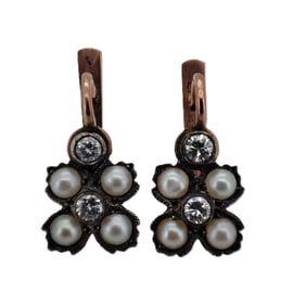 Vintage Imperial Art Deco Era Rose Gold Diamond Pearl Earrings.