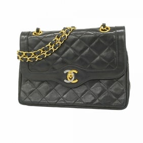 Chanel Shoulder Bag Matelasse Paris Limited W Flap Chain Lambskin Black Gold Women's
