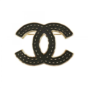 Chanel Brooch Coco Mark Stitch GP Plated Gold Black Ladies