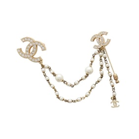 Chanel Brooch Coco Mark Rhinestone Fake Pearl Double 01 P CHANEL