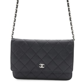 Chanel Chain Wallet Matelasse Coco Mark Caviar Skin Quilting A33814 CHANEL Black