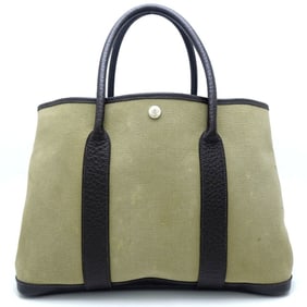 HERMES Garden 36 PM Handbag T Stamp 2015 Buffle Toile Officier Khaki Dark Brown 352286