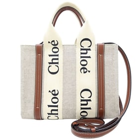 Chloé Chloe Woody CHC22AS397I2690U Handbag 2Way Linen Calfskin White Brown 352285