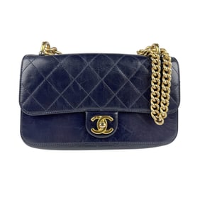 CHANEL Shoulder Bag Leather Navy Gold Women's z4975