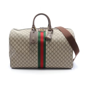 Gucci GG Supreme Sherry Line Boston Bag, Coated Canvas, Leather, Men's, Women's, Beige, Brown,