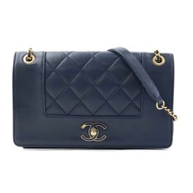 CHANEL Shoulder Bag Leather Metal Navy Gold Women's e60313a