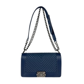 CHANEL Shoulder Bag V Stitch Boy Chanel Leather Blue Women's z5158
