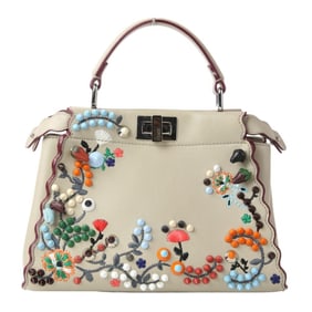 FENDI Peekaboo MINI Flower Studs 2way Handbag Shoulder Bag 8BN244 9D9 FY9G Greige Women's