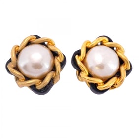 Chanel Earrings GP Plated Leather Fake Pearl Gold Black Ladies