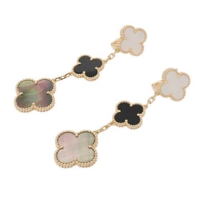 VAN CLEEF & ARPELS Magic Alhambra 3 Motif Shell Onyx VCARD79000 Women's 18K Yellow Gold YG Earrings