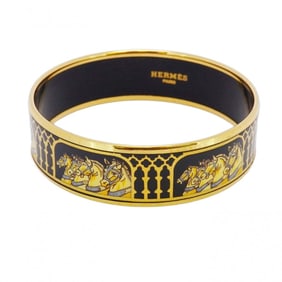 Hermes Bangle, GM enamel, horse motif, GP plating, cloisonné, gold, black, multicolor, ladies